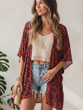Fever Orange & Navy Geometric Tie-Front Kimono Cardigan